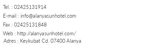 Alanya Sun Hotel telefon numaralar, faks, e-mail, posta adresi ve iletiim bilgileri